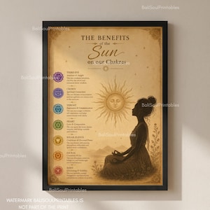 Può includere: Un poster incorniciato intitolato The Benefits of the Sun on our Chakras, che presenta un'illustrazione centrale del sole, la sagoma di una persona in posizione di meditazione seduta e un elenco verticale di sette simboli chakra colorati.