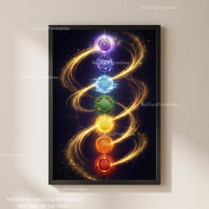 Goldener Energiefluss Chakra Wandkunst, Kosmisches spirituelles Poster, Chakra Ausrichtung Druck, Meditation, Heilen Dekor, Universum Yoga & Kunstwerk für Zuhause