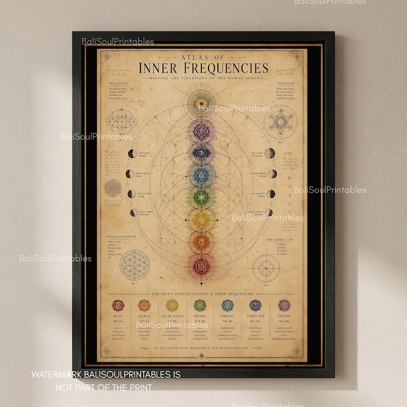 Pu&ograve; includere: Un poster incorniciato intitolato Atlas of Inner Frequencies che presenta un allineamento verticale centrale di sette simboli chakra colorati su uno sfondo beige. Il design include motivi geometrici, fasi lunari e testo.