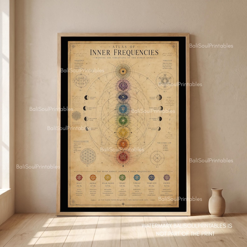 Pu&ograve; includere: Una stampa artistica da parete incorniciata intitolata Atlas of Inner Frequencies, che presenta una disposizione verticale di sette simboli chakra colorati su sfondo beige. Il grafico include diagrammi geometrici, etichette e frequenze.