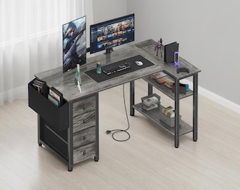 L Shaped Computer Desk with Power Outlet, Reversible Corner Workstation, Rustic Home Office Table with Storage Shelves & 4 Drawers