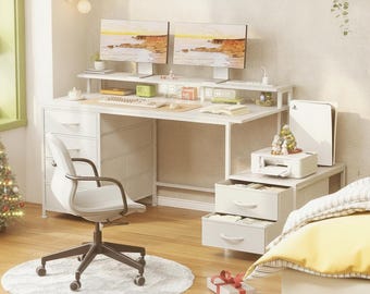 Computer Desk with Drawers, Monitor Stand, Charging Station, Reversible Cabinet