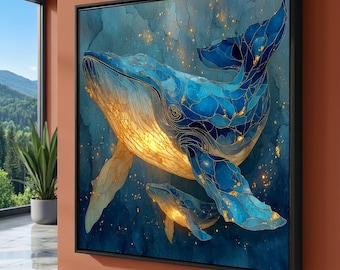 Luminous Blue Whale Family Canvas, Ocean Wildlife Art, Marine Life Illustration, Nautical Decor