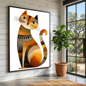Tela con gatto patchwork stravagante, arte murale felina astratta, decorazione colorata con animali