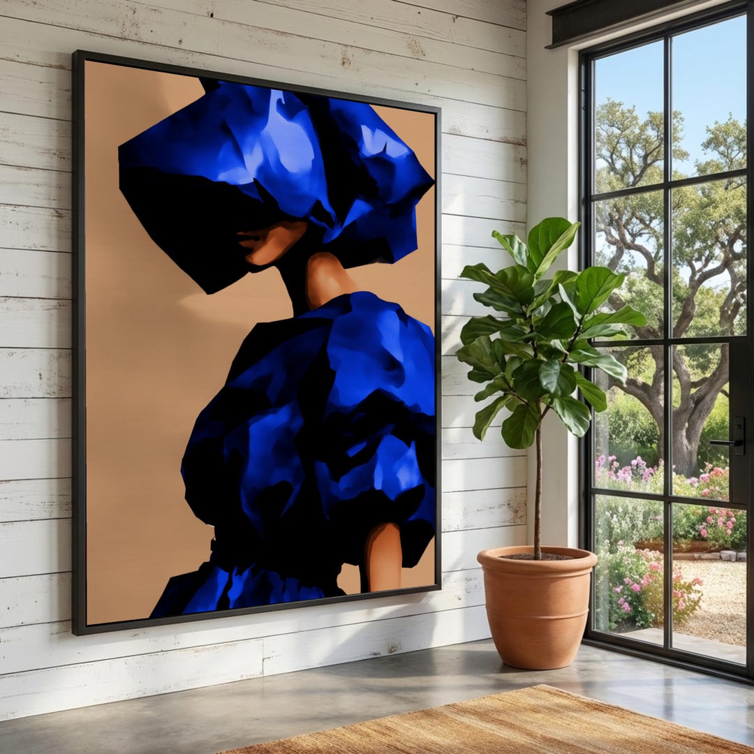 Abstract Blue Dress Portrait Canvas, Modern Woman Silhouette Wall Art ...
