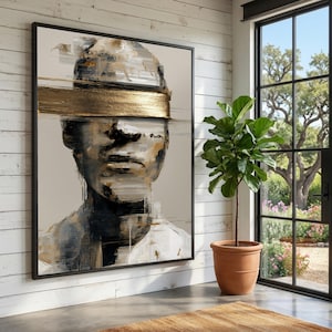 Retrato abstracto sobre lienzo, pintura facial moderna con textura dorada, decoración de lujo contemporánea para el hogar.