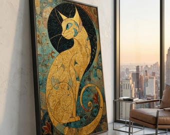 Golden Cat Canvas Art, Abstract Feline Wall Decor, Modern Animal Painting
