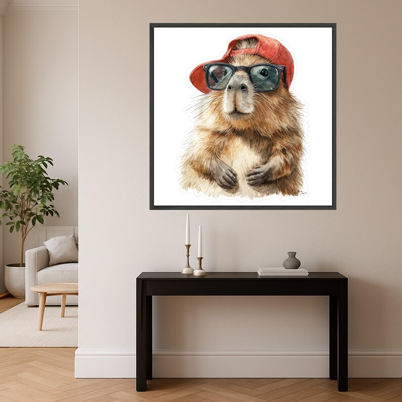 Quokka Portrait Canvas, Animal Wall Art, Sunglasses Cap Illustration, Fun Home Decoration image 3