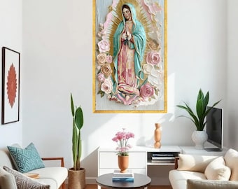 Lienzo de Nuestra Señora de Guadalupe, Arte Floral de la Virgen María, Listo para Colgar