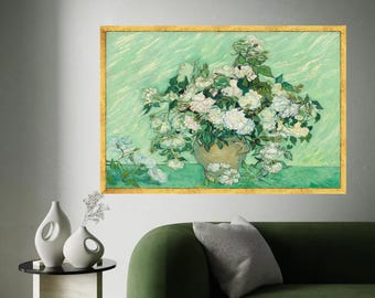 Van Gogh White Roses Canvas Print, Elegant Botanical Wall Art