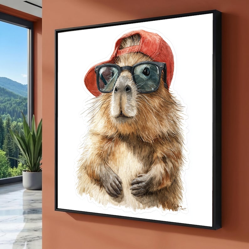 Quokka Portrait Canvas, Animal Wall Art, Sunglasses Cap Illustration, Fun Home Decoration image 1