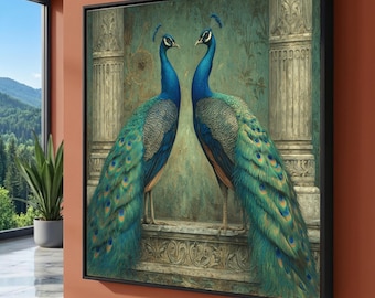 Peacock Pair Canvas Wall Art, Vintage Style Bird Decor