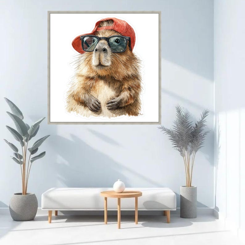 Quokka Portrait Canvas, Animal Wall Art, Sunglasses Cap Illustration, Fun Home Decoration image 4