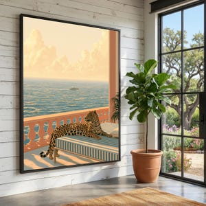 Toile léopard décontractée, décoration murale vue océan, coucher de soleil sur la côte, illustration d'une faune exotique