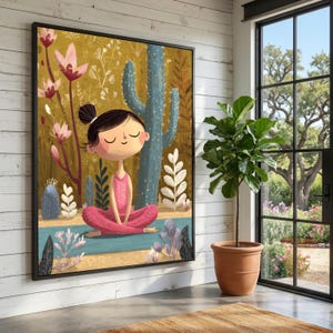 Meditating Girl Yoga Illustration, Boho Nature Inspired Canvas Art Print