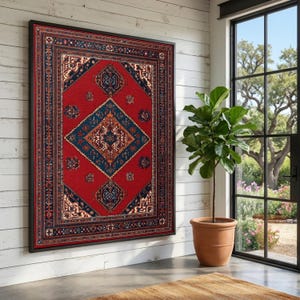 Vintage Persian Rug Canvas Art, Traditional Oriental Carpet Design, Red Blue Geometric Home Decoration