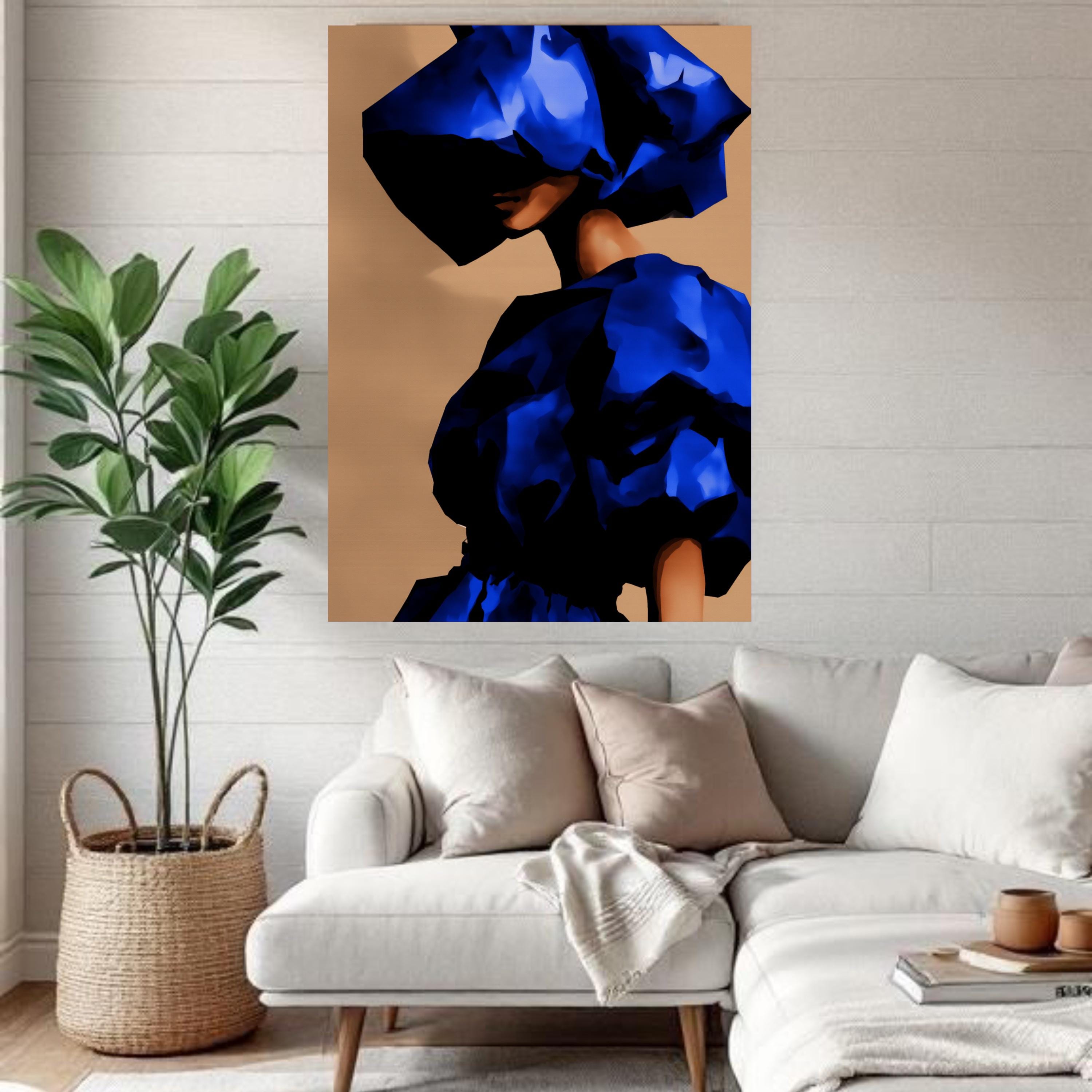 Abstract Blue Dress Portrait Canvas, Modern Woman Silhouette Wall Art ...