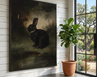 Black Rabbit Canvas Art, Woodland Wildlife, Rustic Home Decor
