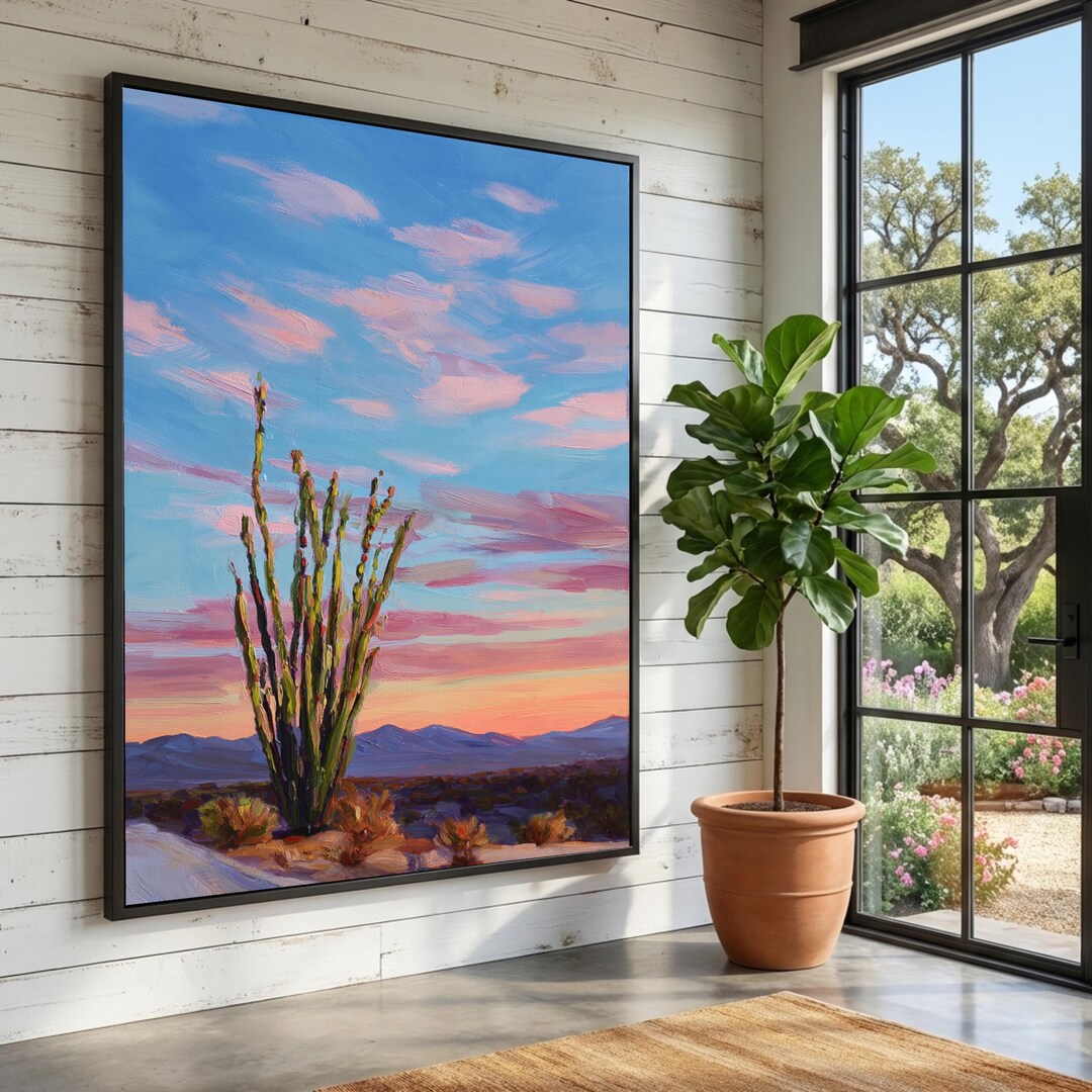 Desert Sunset Canvas Wall Art, Southwestern Cactus Landscape Painting ...