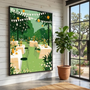 May include: A framed art print depicts an outdoor dining scene. Tables with yellow checkered tablecloths are set in a garden. Green chairs and floral arrangements are present. The artwork features a green and yellow color palette, with hanging lanterns and a festive atmosphere.