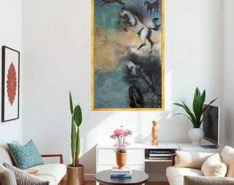 Lienzo de caballos al galope, decoración ecuestre para el hogar, listo para colgar