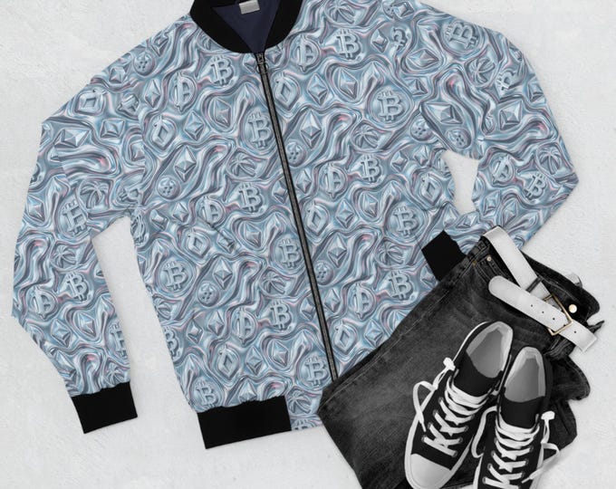 Featured listing image: Marbled Bitcoin Pattern Bomber Jacket | Crypto Logo All-Over Print
