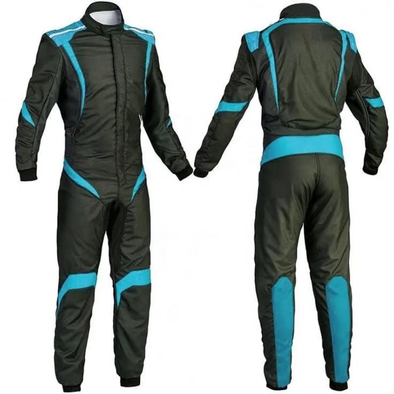 May include: Black and blue racing suit with a stand-up collar and a full-length zipper. The suit features blue accents on the shoulders, sleeves, and legs. The suit is designed for motorsports and racing.