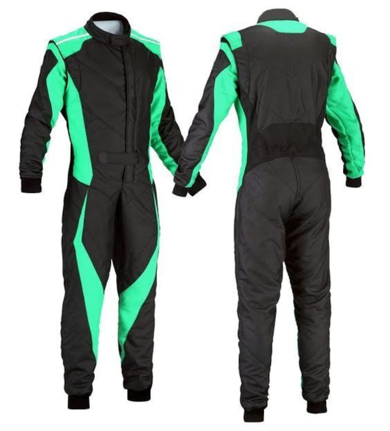 May include: Black and green racing suit with a stand-up collar and long sleeves. The suit features green accents on the shoulders, sides, and legs. The front and back views are shown.