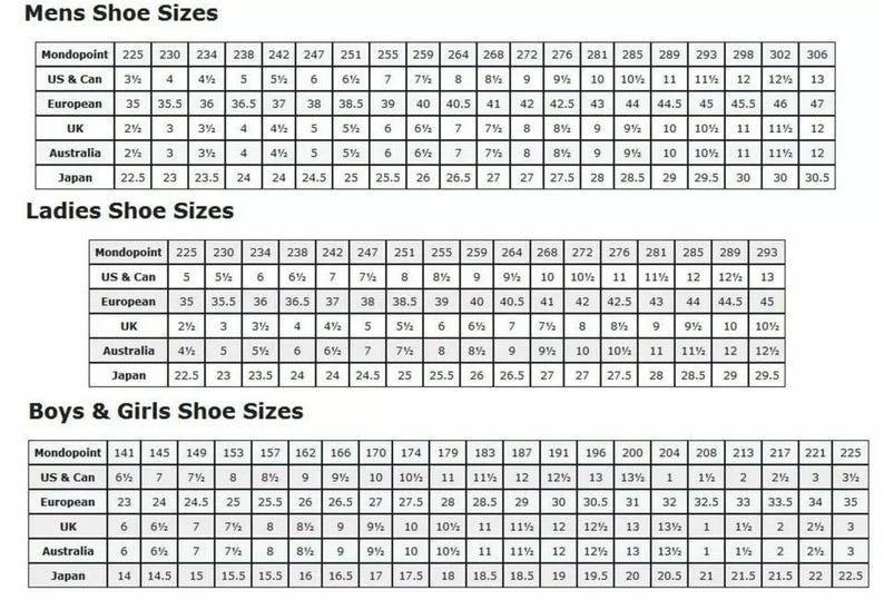 May include: Shoe size conversion chart for men, women, and boys/girls. Includes Mondopoint, US & Canadian, European, UK, Australian, and Japanese sizes. Useful for online shoe shopping.