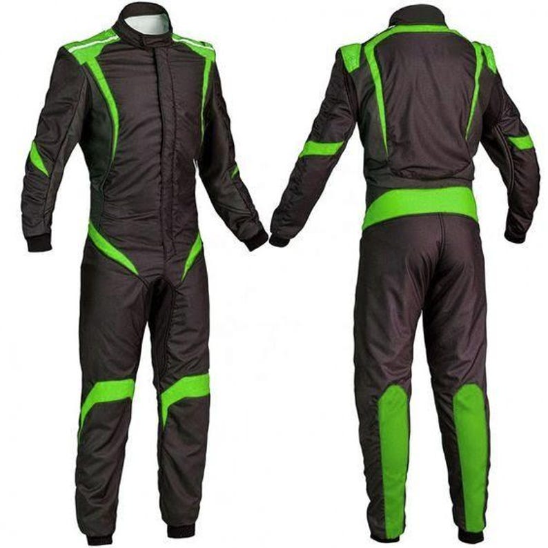 May include: Black and green racing suit with a stand-up collar and long sleeves. The suit features green accents on the shoulders, sides, and legs. The front and back views are shown.