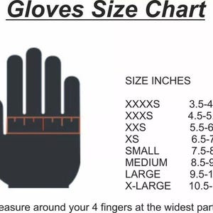 May include: A glove size chart with the text "Gloves Size Chart". The chart includes a hand silhouette with a ruler graphic, and size measurements in inches, ranging from 3.5 to 11.5 inches. The text instructs to measure around the four fingers at the widest part.