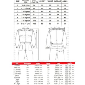 May include: A chart with measurements for children's racing suits. The chart includes sizes, approximate ages, suit lengths in inches, chest, waist, inseam, and arm measurements in inches. Also included are European sizes, chest, waist, hips, and height in centimeters.