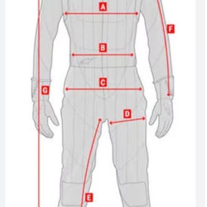 May include: Illustration of a racing suit with measurement points labeled A through G. The suit is gray and includes a helmet and gloves. The image is a diagram for sizing a racing suit.