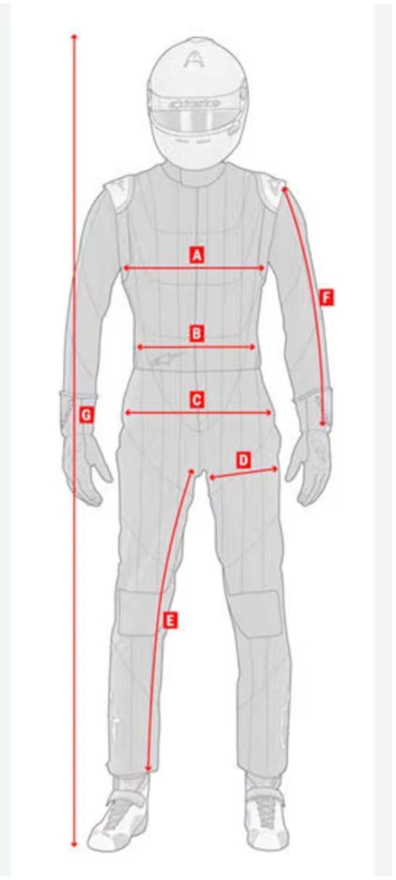 May include: Illustration of a racing suit with measurement points labeled A through G. The suit is gray and includes a helmet and gloves. The image is a diagram for sizing a racing suit.