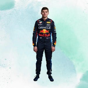 May include: A navy blue racing suit with sponsor logos, including "Oracle" and "Red Bull." The suit has red and yellow accents and is worn by a person. The suit is a full-body garment, with long sleeves and pants.