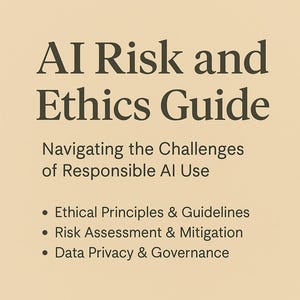 Op de afbeelding: Een beige gids getiteld "AI Risk and Ethics Guide" met donkerbruine tekst. De ondertitel van de gids is "Navigeren door de uitdagingen van verantwoord AI-gebruik". Opsommingstekens vermelden onderwerpen.