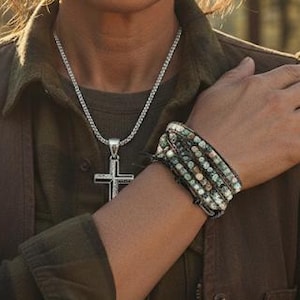 5 wrap bracelet with natural stones in earth colors brown leather cuff boho style