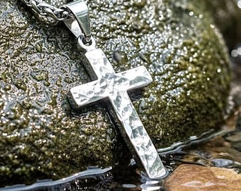 Silver cross necklace hand cut hammered and handmade popular size for men and women