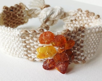 Handwoven amber bracelet made of cotton | Boho macrame bracelet | Adjustable | Genuine raw amber | Natural jewelry gift
