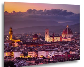Foto del tramonto dello skyline di Firenze, Italia, con Duomo e Palazzo Vecchio, decorazione murale del Duomo di Firenze, stampa del paesaggio urbano della Toscana