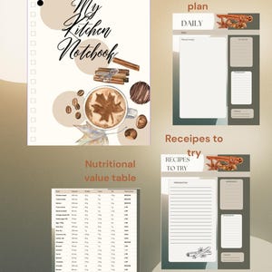 May include: A collection of printable kitchen-themed planner pages. Includes a notebook cover with "My Kitchen Notebook" text, a daily meal plan, a recipe section, and a nutritional value table. The design features coffee, cinnamon, and autumn leaves.