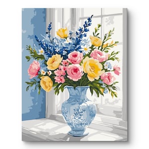 May include: A floral still life painting featuring a blue and white vase filled with a vibrant bouquet of pink, yellow, and blue flowers. The vase sits on a white windowsill, with a window and blue wall in the background.