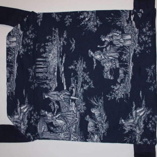 Mei Tai with blue and white toile print, lined with white Minky dot fabric.