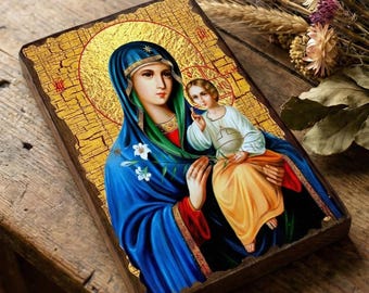 Wood Icon 5×7in Virgin Mary, Orthodox Icon, Unfading Flower Icon
