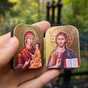 Pocket Icon Diptych 1.6x2" – Wooden Folding Travel Icon, Two Designs: Theotokos & Christ, Mini Orthodox Icon Triptych