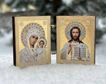 1.6x2in Wooden Folding Icon 50g, Kazan Mother of God, Savior Icon, Orthodox Diptych, Pocket Icon, Travel Icon, Religious Gift
