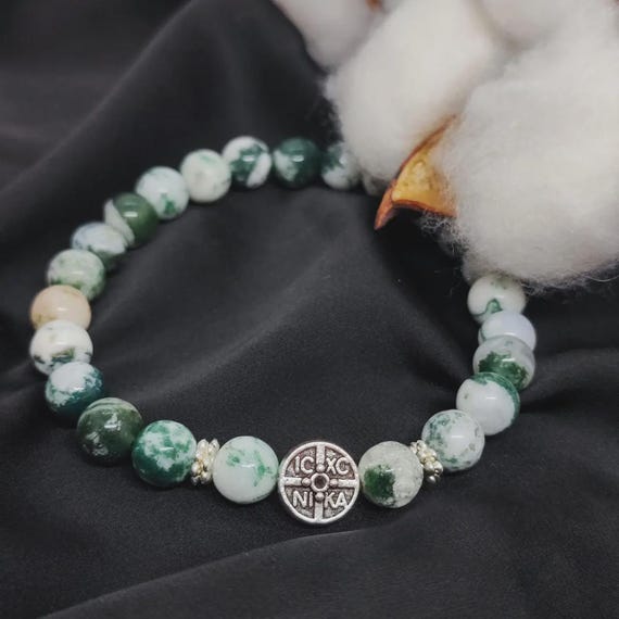 Moss Agate Bracelet 8mm, 24 Beads, NIKA Symbol, Victory of Christ, Orthodox Christian Jewelry, Spiritual Gift