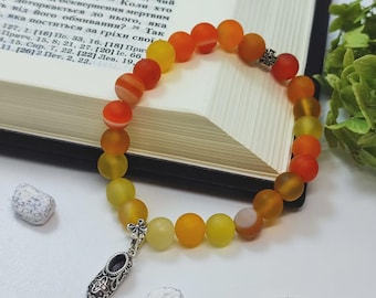 Yellow Agate Bracelet 8mm, 24 Beads, St Spyridon Slipper Charm, Orthodox Jewelry, Christian Bracelet, Religious Gift, Prayer Bracelet
