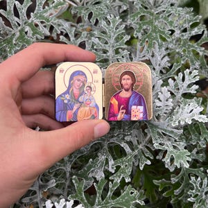 Pocket Icon Diptych 1.6x2" – Wooden Folding Travel Icon, Two Designs: Theotokos & Christ, Mini Orthodox Icon Triptych image 6