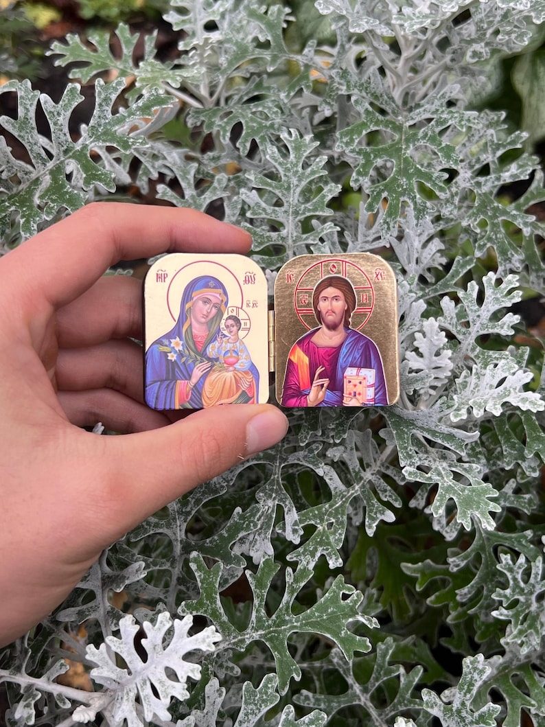 Pocket Icon Diptych 1.6x2" – Wooden Folding Travel Icon, Two Designs: Theotokos & Christ, Mini Orthodox Icon Triptych image 6
